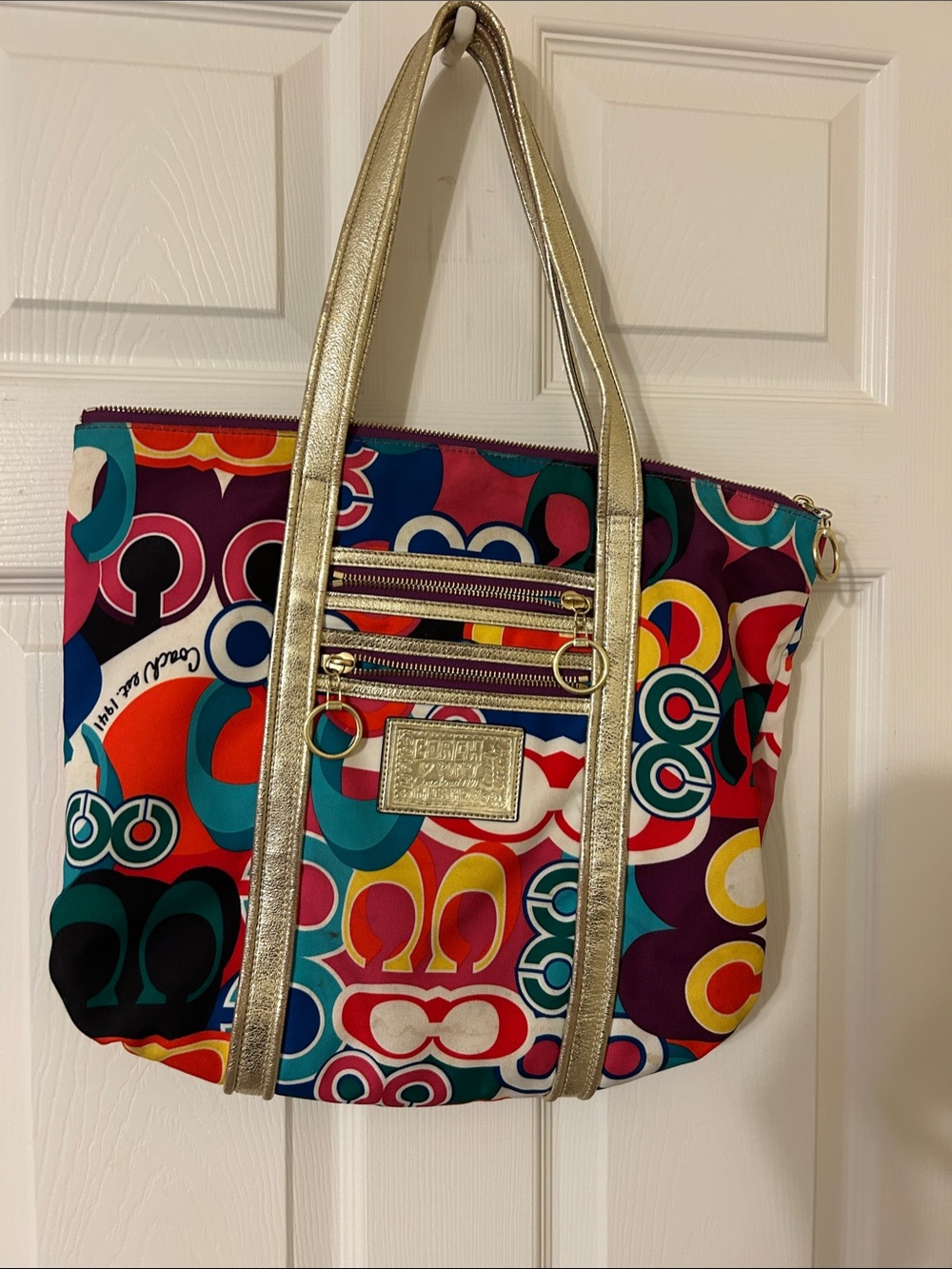 Coach Gold-Trim Multicolor Pattern Tote Bag 15x14